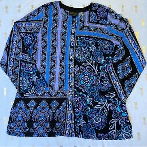 Bob Mackie Wearable Art Blue Purple Floral Patchwork Button Long Sleeve